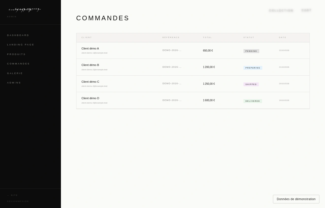 Les demandes et commandes réunies avec leur référence, montant, date et statut.