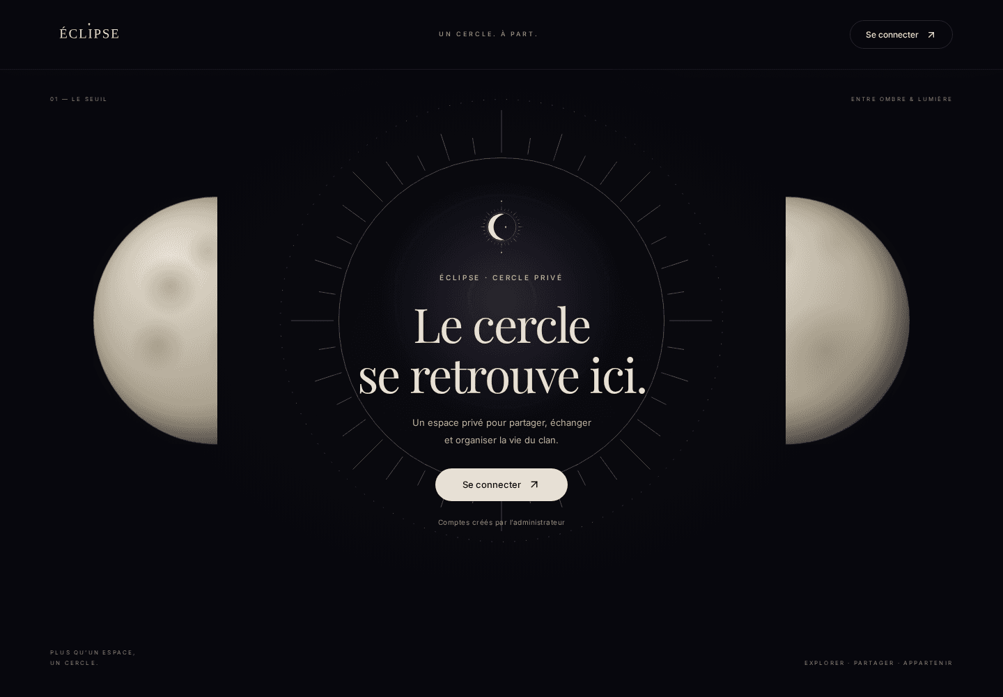 Accueil public d’ÉCLIPSE avec son symbole soleil et lune, sans contenu membre