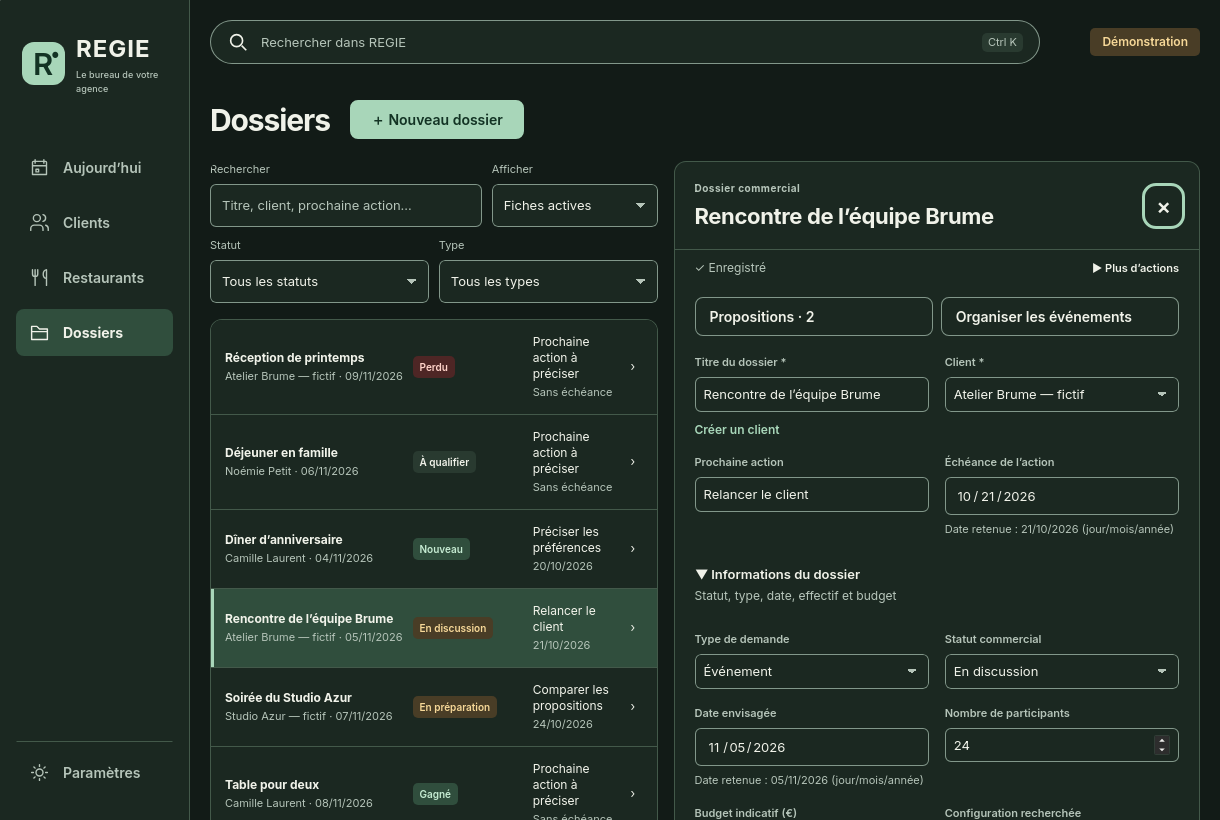 REGIE 0.6.0 — Rassembler, données fictives