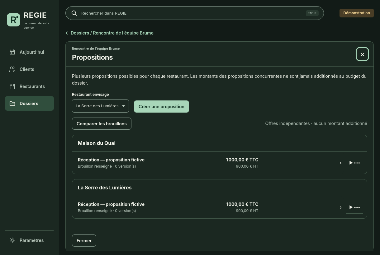 REGIE 0.6.0 — Comparer, données fictives